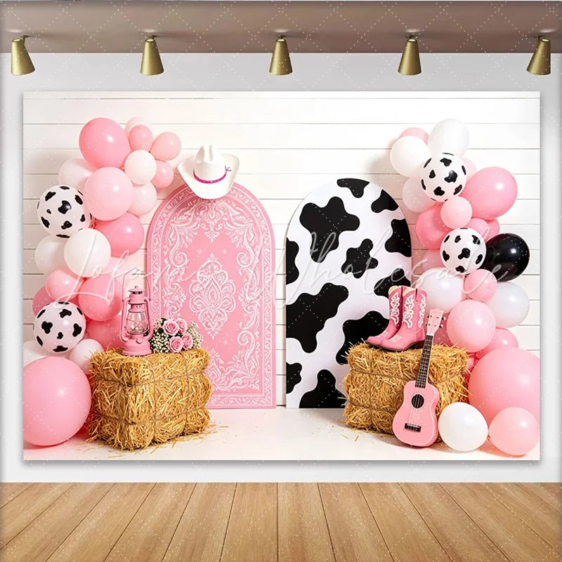 Lofaris Pink Cowgirl Birthday Backdrop with Balloons and Cow Print Arches Western Themed Photo Background for Girls Party Decoration