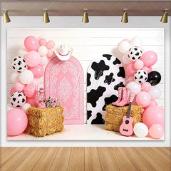 Lofaris Pink Cowgirl Birthday Backdrop with Balloons and Cow Print Arches Western Themed Photo Background for Girls Party Decoration
