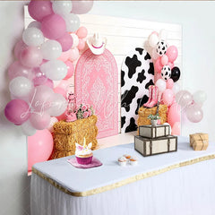 Lofaris Pink Cowgirl Birthday Backdrop with Balloons and Cow Print Arches Western Themed Photo Background for Girls Party Decoration