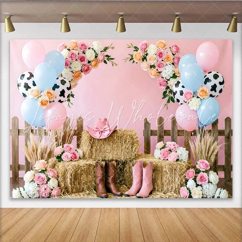 Lofaris Pink Cowgirl Birthday Backdrop with Balloons Flowers and Hay Bales Western Farm Photo Booth Background for Party Decor