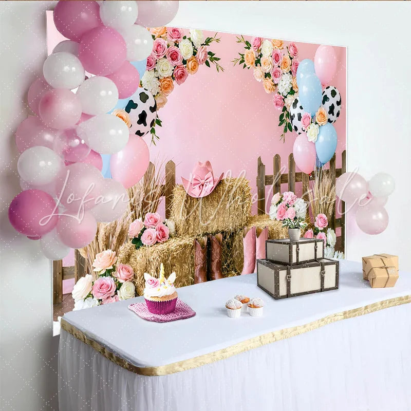 Lofaris Pink Cowgirl Birthday Backdrop with Balloons Flowers and Hay Bales Western Farm Photo Booth Background for Party Decor