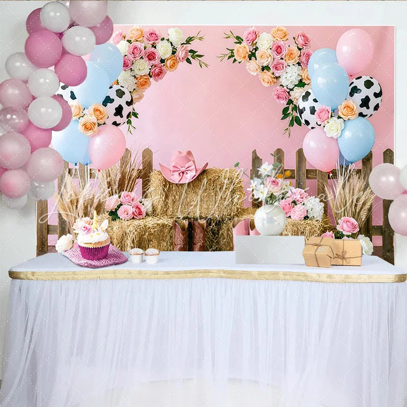 Lofaris Pink Cowgirl Birthday Backdrop with Balloons Flowers and Hay Bales Western Farm Photo Booth Background for Party Decor