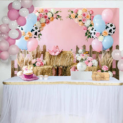 Lofaris Pink Cowgirl Birthday Backdrop with Balloons Flowers and Hay Bales Western Farm Photo Booth Background for Party Decor