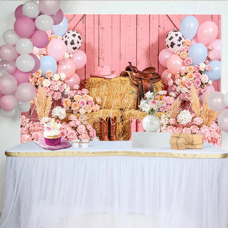 Lofaris Pink Cowgirl Birthday Backdrop with Balloons Flowers and Hay Bales Western Rodeo Party Decor for Girls Photoshoot