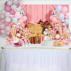 Lofaris Pink Cowgirl Birthday Backdrop with Balloons Flowers and Hay Bales Western Rodeo Party Decor for Girls Photoshoot