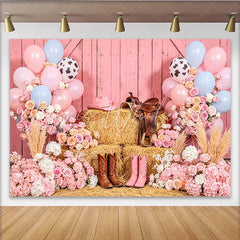 Lofaris Pink Cowgirl Birthday Backdrop with Balloons Flowers and Hay Bales Western Rodeo Party Decor for Girls Photoshoot