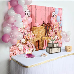 Lofaris Pink Cowgirl Birthday Backdrop with Balloons Flowers and Hay Bales Western Rodeo Party Decor for Girls Photoshoot
