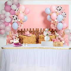 Lofaris Pink Cowgirl Birthday Backdrop with Balloons Hay Bales and Cowboy Boots Western Theme Photography Background for Party Decor