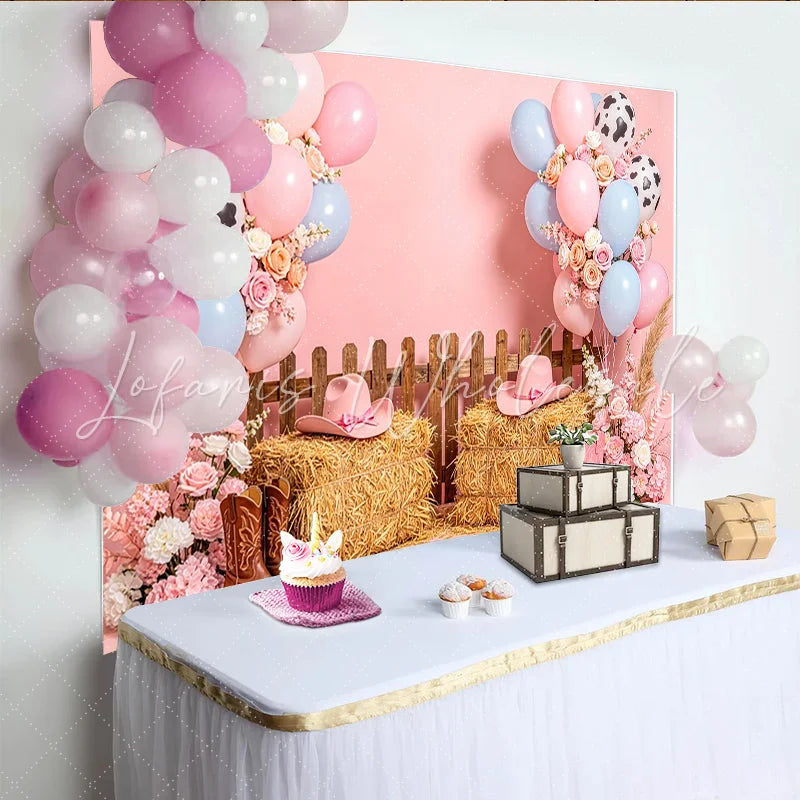 Lofaris Pink Cowgirl Birthday Backdrop with Balloons Hay Bales and Cowboy Boots Western Theme Photography Background for Party Decor