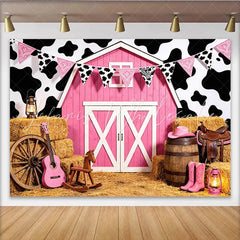 Lofaris Pink Cowgirl Birthday Backdrop with Barn and Cow Print Western Farm Party Background for Girls Photoshoot Decoration