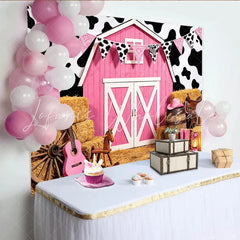 Lofaris Pink Cowgirl Birthday Backdrop with Barn and Cow Print Western Farm Party Background for Girls Photoshoot Decoration