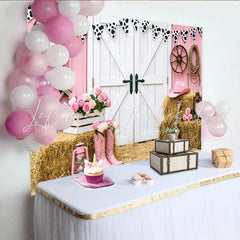 Lofaris Pink Cowgirl Birthday Backdrop with Barn Doors Hay Bales and Roses Western Party Photography Background for Girls