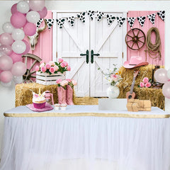 Lofaris Pink Cowgirl Birthday Backdrop with Barn Doors Hay Bales and Roses Western Party Photography Background for Girls