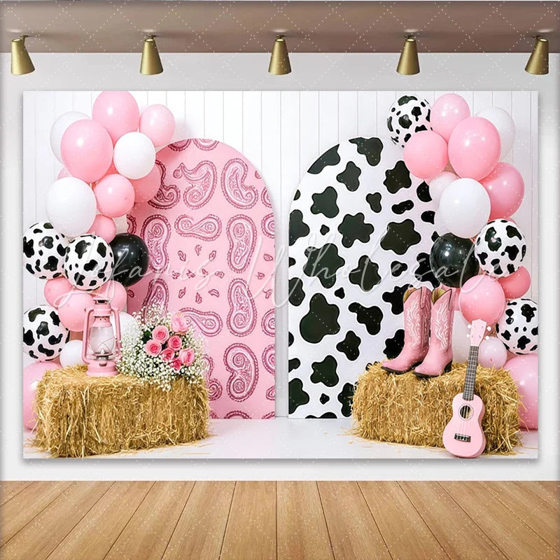Lofaris Pink Cowgirl Birthday Backdrop with Cow Print and Paisley Arches Western Themed Party Decoration for Girls Photoshoot