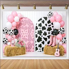 Lofaris Pink Cowgirl Birthday Backdrop with Cow Print and Paisley Arches Western Themed Party Decoration for Girls Photoshoot