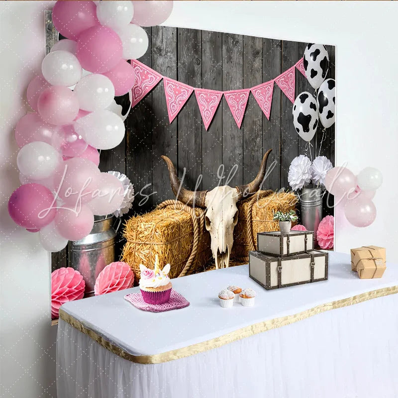 Lofaris Pink Cowgirl Birthday Backdrop with Cow Print Balloons and Hay Bales Rustic Western Party Background for Girls Photoshoot Decor