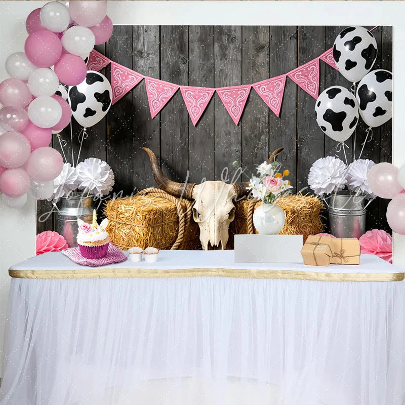 Lofaris Pink Cowgirl Birthday Backdrop with Cow Print Balloons and Hay Bales Rustic Western Party Background for Girls Photoshoot Decor