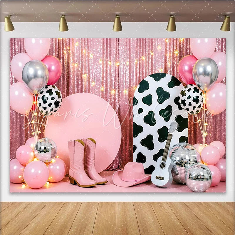 Lofaris Pink Cowgirl Birthday Backdrop with Disco Balls and Balloons Western Party Background for Photoshoot Decor