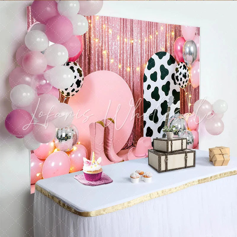 Lofaris Pink Cowgirl Birthday Backdrop with Disco Balls and Balloons Western Party Background for Photoshoot Decor