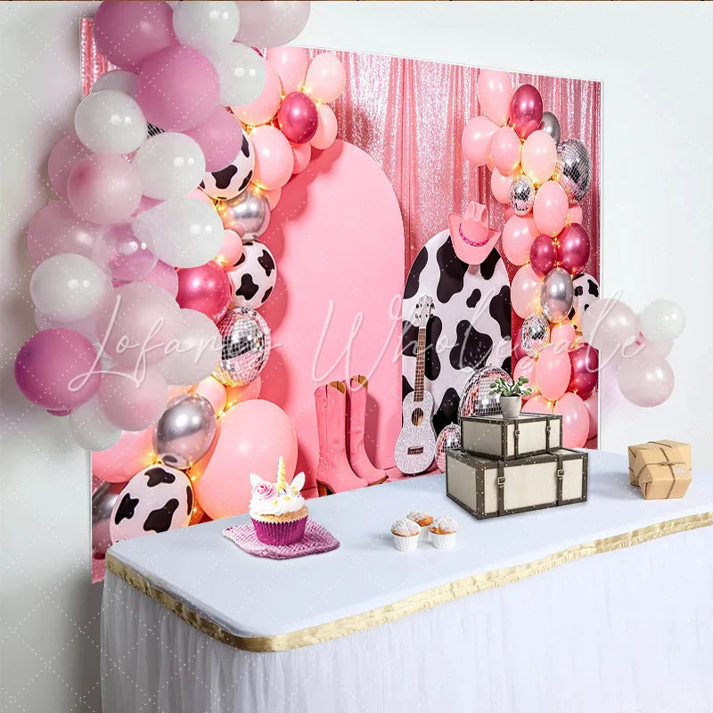 Lofaris Pink Cowgirl Disco Birthday Backdrop with Balloons and Cow Print Shimmering Western Party Decor for Girls