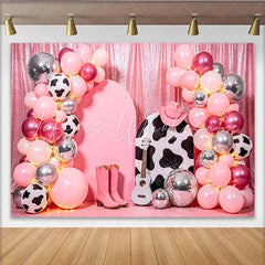 Lofaris Pink Cowgirl Disco Birthday Backdrop with Balloons and Cow Print Shimmering Western Party Decor for Girls