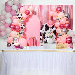 Lofaris Pink Cowgirl Disco Birthday Backdrop with Balloons and Cow Print Shimmering Western Party Decor for Girls