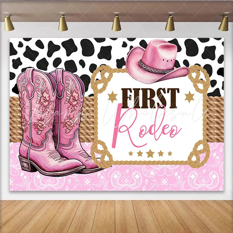 Lofaris Pink Cowgirl First Rodeo Birthday Backdrop with Boots and Hat Western Theme Party Decoration Background for Baby Girl Photoshoot