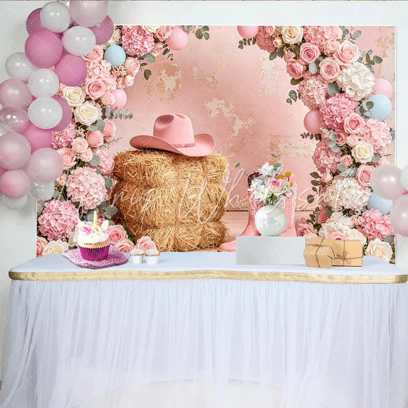 Lofaris Pink Cowgirl Floral Baby Shower Backdrop with Hay and Boots Elegant Western Party Background for Girls Photoshoot Decor