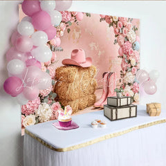 Lofaris Pink Cowgirl Floral Baby Shower Backdrop with Hay and Boots Elegant Western Party Background for Girls Photoshoot Decor