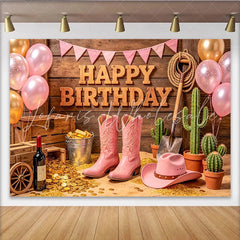 Lofaris Pink Cowgirl Happy Birthday Backdrop with Rustic Wood and Cacti Western Themed Photo Booth Background for Girls Party Decoration