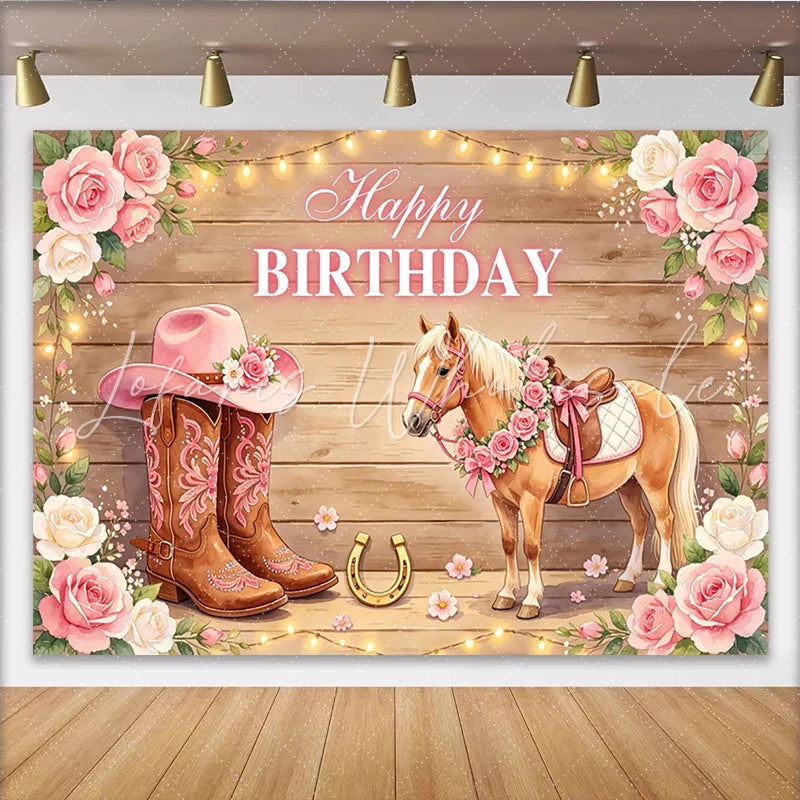 Lofaris Pink Cowgirl Horse Happy Birthday Backdrop with Floral Boots and Hat Rustic Wooden Background for Girls Party Photography