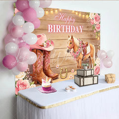 Lofaris Pink Cowgirl Horse Happy Birthday Backdrop with Floral Boots and Hat Rustic Wooden Background for Girls Party Photography