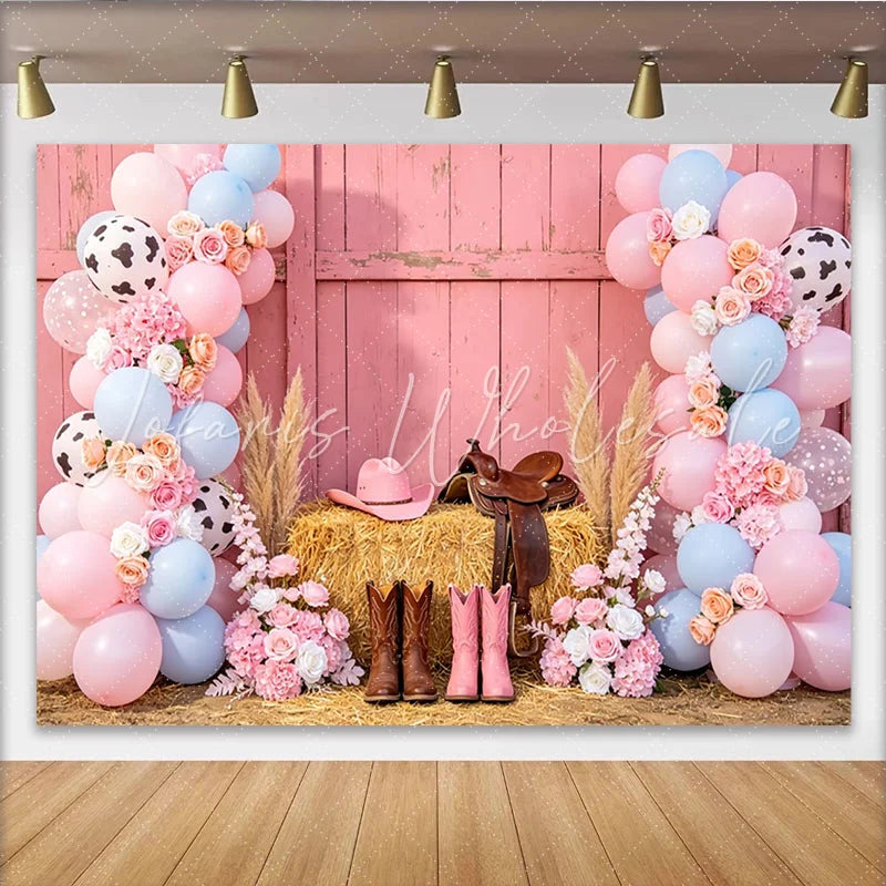 Lofaris Pink Cowgirl Rodeo Birthday Backdrop with Balloons Flowers and Hay Bale Western Theme Photography Background for Party Decor.