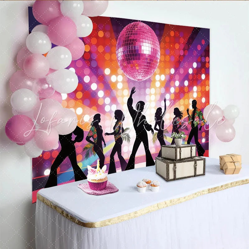 Lofaris Pink Disco Ball Dance Backdrop with Colorful Bokeh Lights and Dancing Silhouettes Retro Party Background for Event Decor.