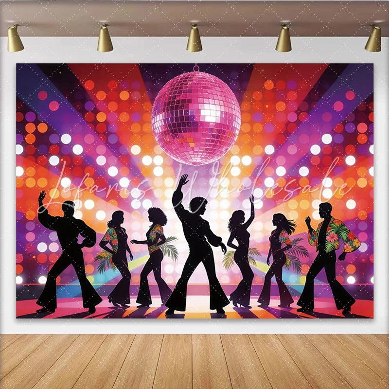 Lofaris Pink Disco Ball Dance Backdrop with Colorful Bokeh Lights and Dancing Silhouettes Retro Party Background for Event Decor.