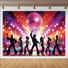 Lofaris Pink Disco Ball Dance Backdrop with Colorful Bokeh Lights and Dancing Silhouettes Retro Party Background for Event Decor.
