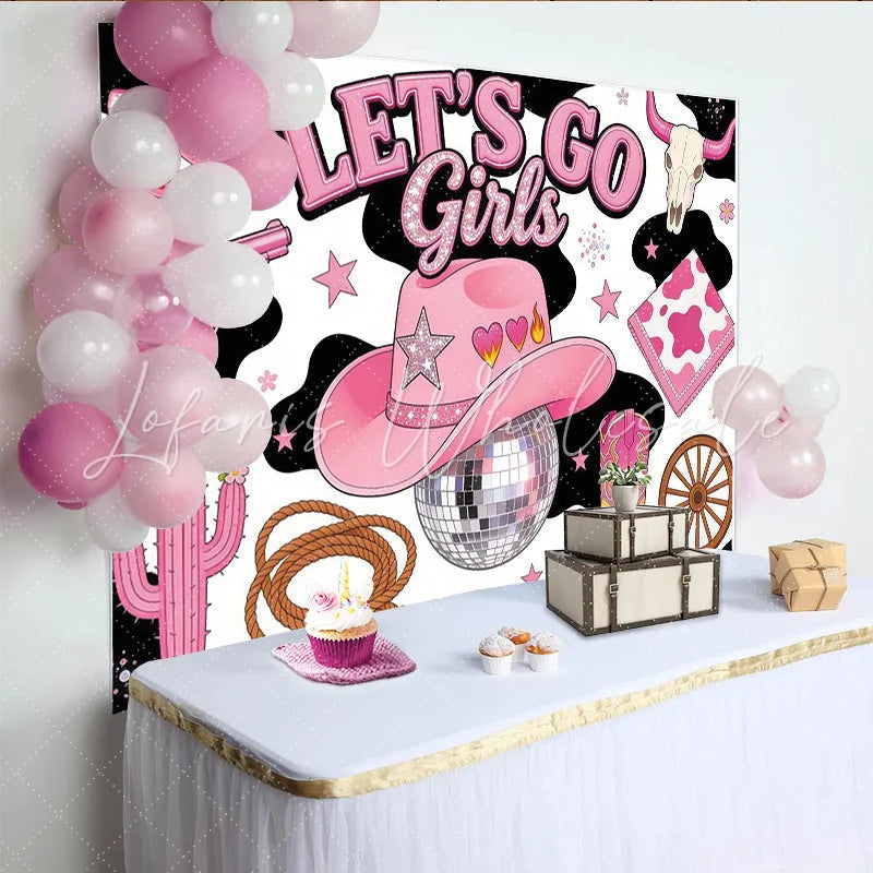 Lofaris Pink Disco Cowgirl Birthday Backdrop with Western Elements Fun Party Decor for Girls Celebration