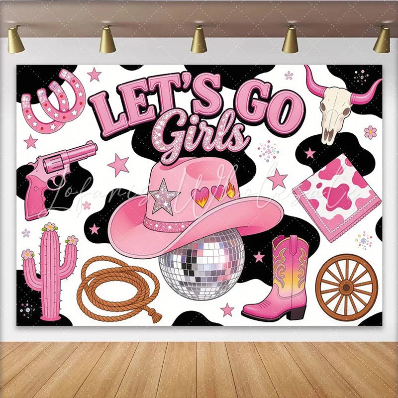 Lofaris Pink Disco Cowgirl Birthday Backdrop with Western Elements Fun Party Decor for Girls Celebration