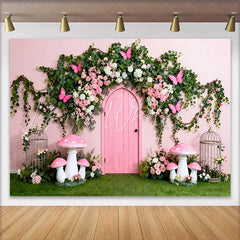 Lofaris Pink Door and Butterfly Floral Arch Spring Backdrop Enchanted Mushroom Girl Birthday Party Background
