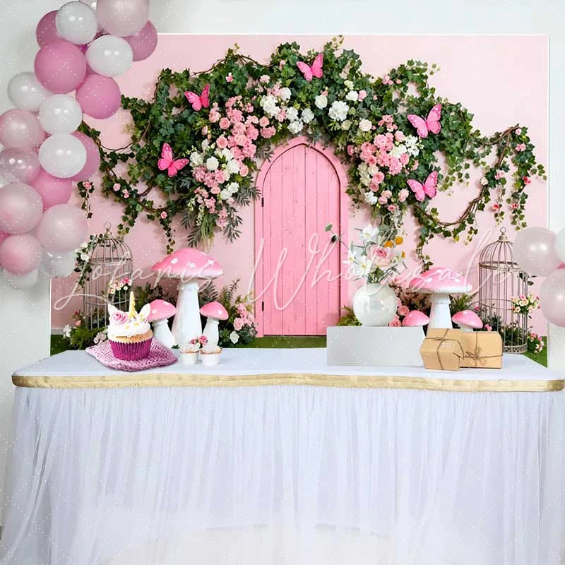 Lofaris Pink Door and Butterfly Floral Arch Spring Backdrop Enchanted Mushroom Girl Birthday Party Background