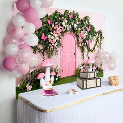 Lofaris Pink Door and Butterfly Floral Arch Spring Backdrop Enchanted Mushroom Girl Birthday Party Background