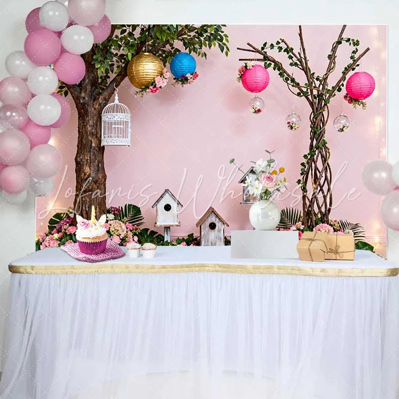 Lofaris Pink Enchanted Garden Spring Backdrop with Lush Flowers Birdhouses and Lanterns for Baby Shower