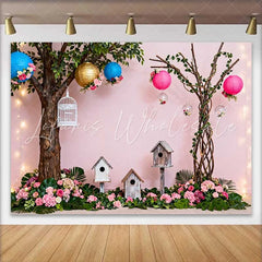 Lofaris Pink Enchanted Garden Spring Backdrop with Lush Flowers Birdhouses and Lanterns for Baby Shower