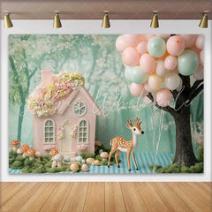 Lofaris Pink Fairy House and Deer Birthday Cake Smash Backdrop Pastel Balloons Woodland Party Decor