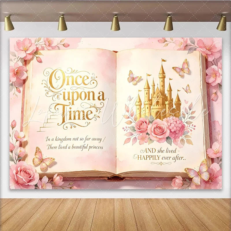 Lofaris Pink Fairy Tale Storybook Photography Backdrop with Golden Castle Magical Princess Party Background for Girls Photoshoot