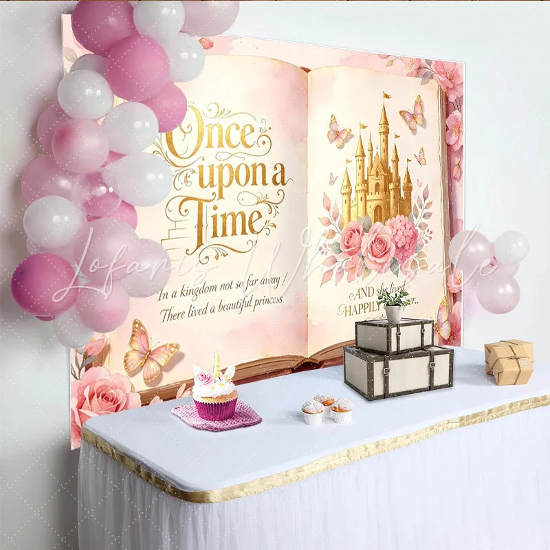 Lofaris Pink Fairy Tale Storybook Photography Backdrop with Golden Castle Magical Princess Party Background for Girls Photoshoot