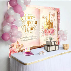 Lofaris Pink Fairy Tale Storybook Photography Backdrop with Golden Castle Magical Princess Party Background for Girls Photoshoot