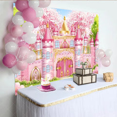 Lofaris Pink Fairytale Castle Photography Backdrop with Cherry Blossoms Dreamy Princess Party Decor for Girls Photoshoot.