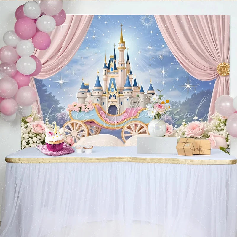 Lofaris Pink Fairytale Castle Photography Backdrop with Royal Carriage Starry Sky Studio Background for Girls Party Photoshoot.