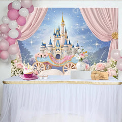 Lofaris Pink Fairytale Castle Photography Backdrop with Royal Carriage Starry Sky Studio Background for Girls Party Photoshoot.